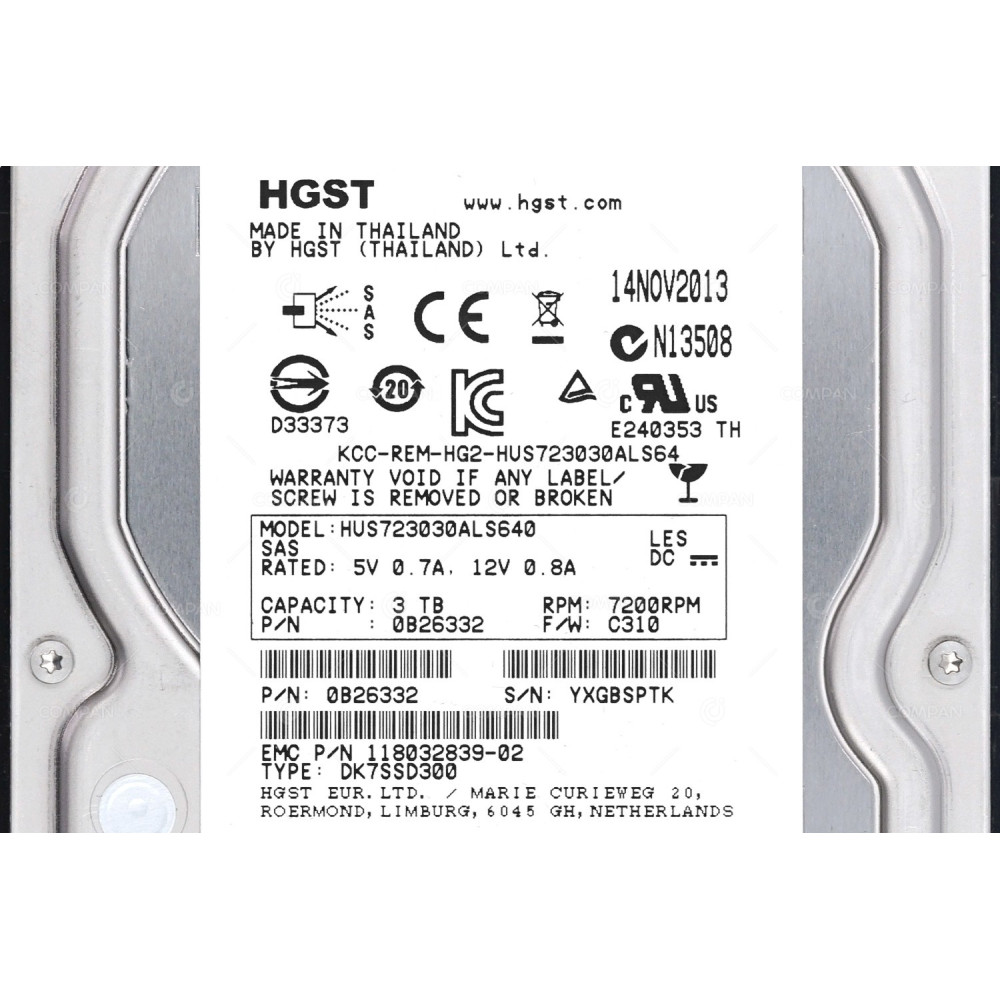 100-563-998-01 EMC HDD 3TB 7.2K SAS 6G 3.5" LFF HOT-SWAP FOR DD2500